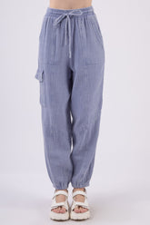 VERY J Women's Washed Crinkle Gauze Cargo Pants with Drawstring